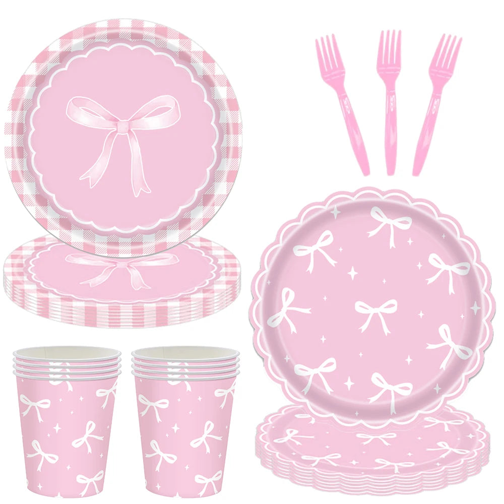 Pink Bow Plates Cups Napkins Forks for Coquette Birthday Decoration Pink Bow Theme Party Supplies for Girls Birthday Party Decor