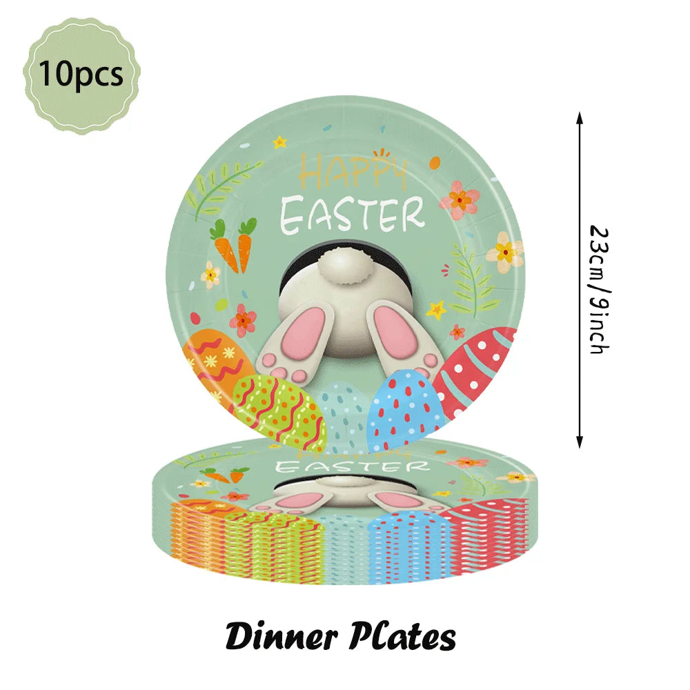 Happy Easter Party Decorations Bunny Eggs Paper Plates Cute White Rabbit Carrot Foil Balloons Kids Party Supplies Easter Favors