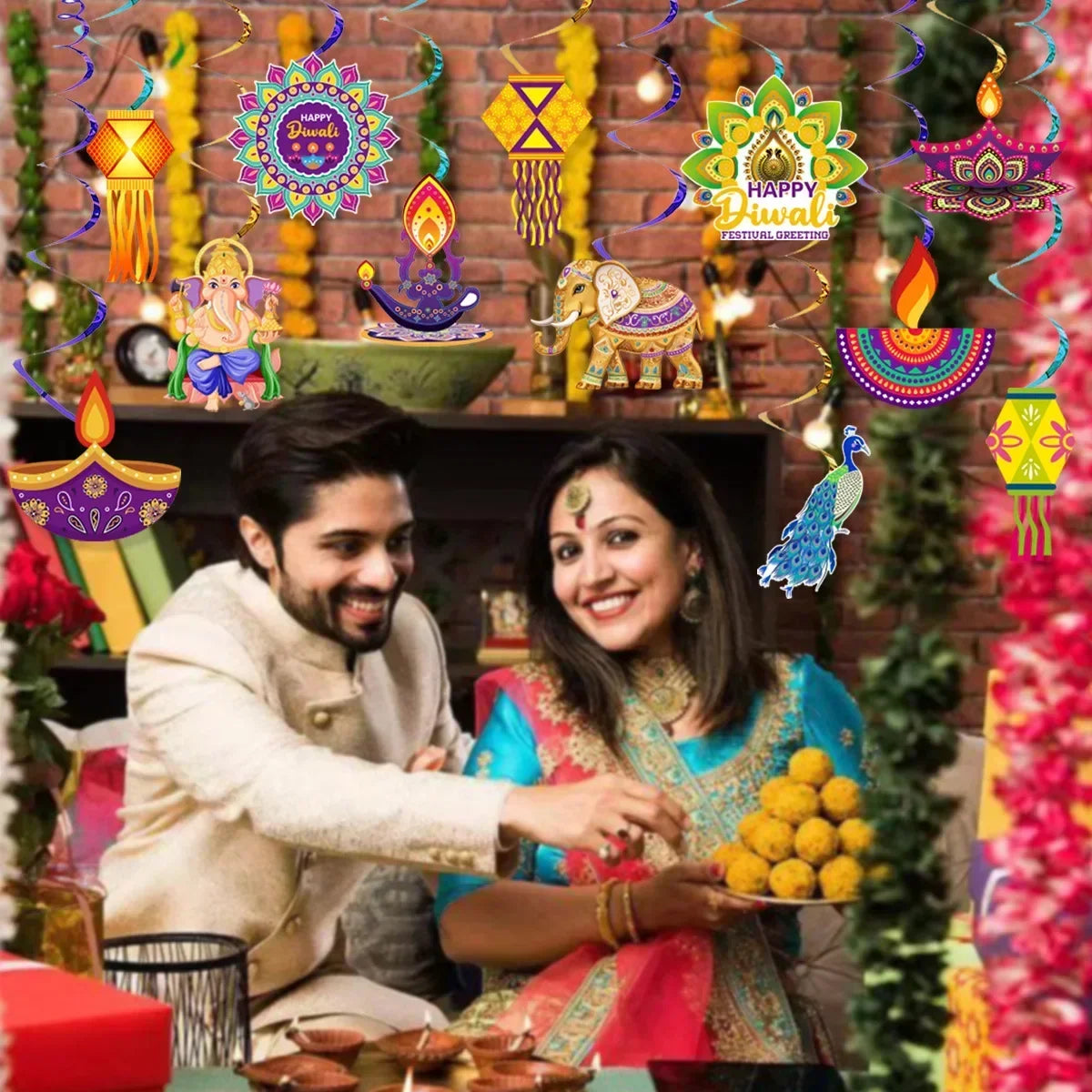 Happy Diwali Party Banner Spiral Banner Swirl Hanging Garland Cupcake Topper for India Diwali Festival Theme Party Decoration