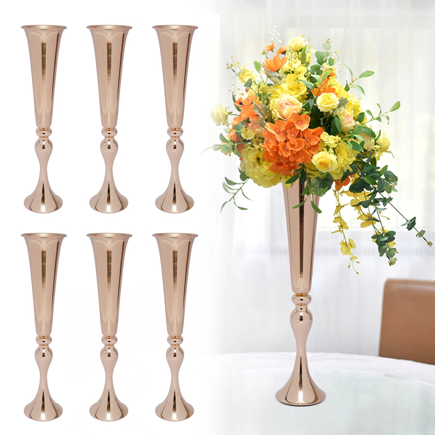 Golden Metal Table Flower Stand Vase 6Pcs Candle Holder 22.2" Tall Wedding Centerpiece Party Event Hotel Decoration