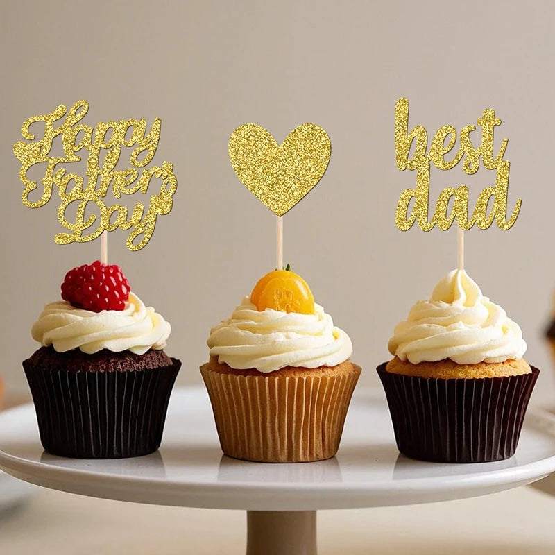 YOMDID 24Pcs Glitter Fathers Day Cake Toppers Happy Fathers Day Cake Toppers Best Dad Heart Cupcake Picks Party Cake Decor