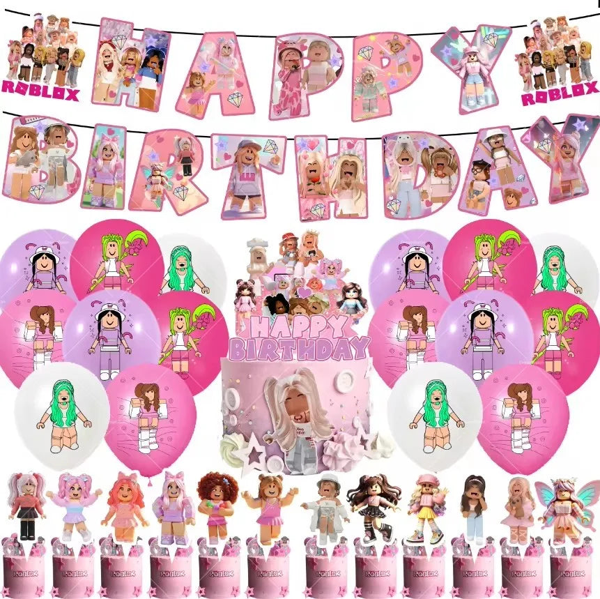 Pink Roblox Balloons Happy Birthday Banner Party Decoration Hot Robot Game Cake Topper Disposable Tableware Kids Girl Background