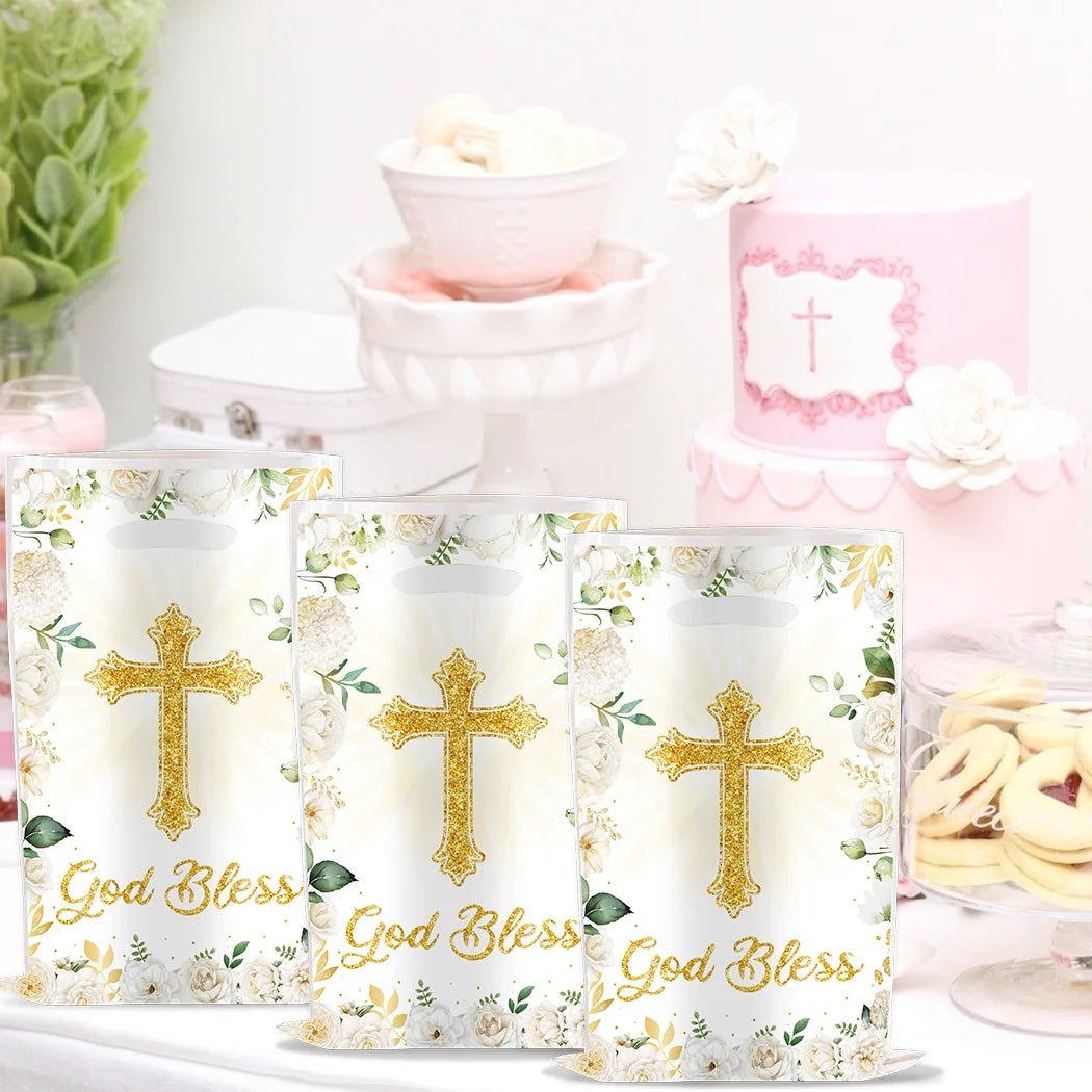 Communion Baptism Flower Cross Party Gift Bag Holy Communion Party Favors Chocolate Cookies Candy Bags for Kids Birthday Decor