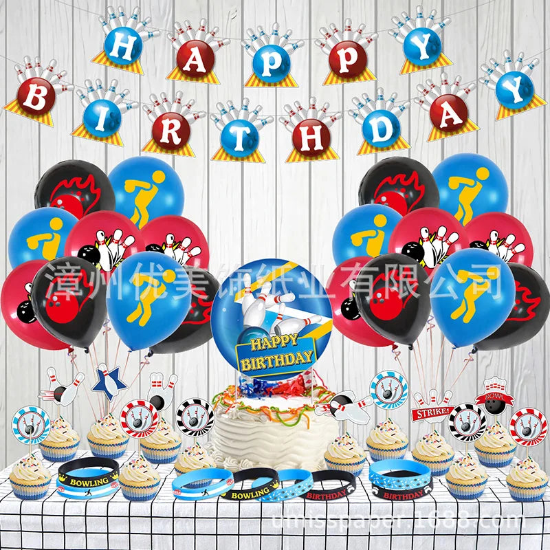 1set Bowling Themed Party Balloons Bowling Ball Birthday Banner Cake Topper For Baby Shower Boys Birthday Party Decor Supply