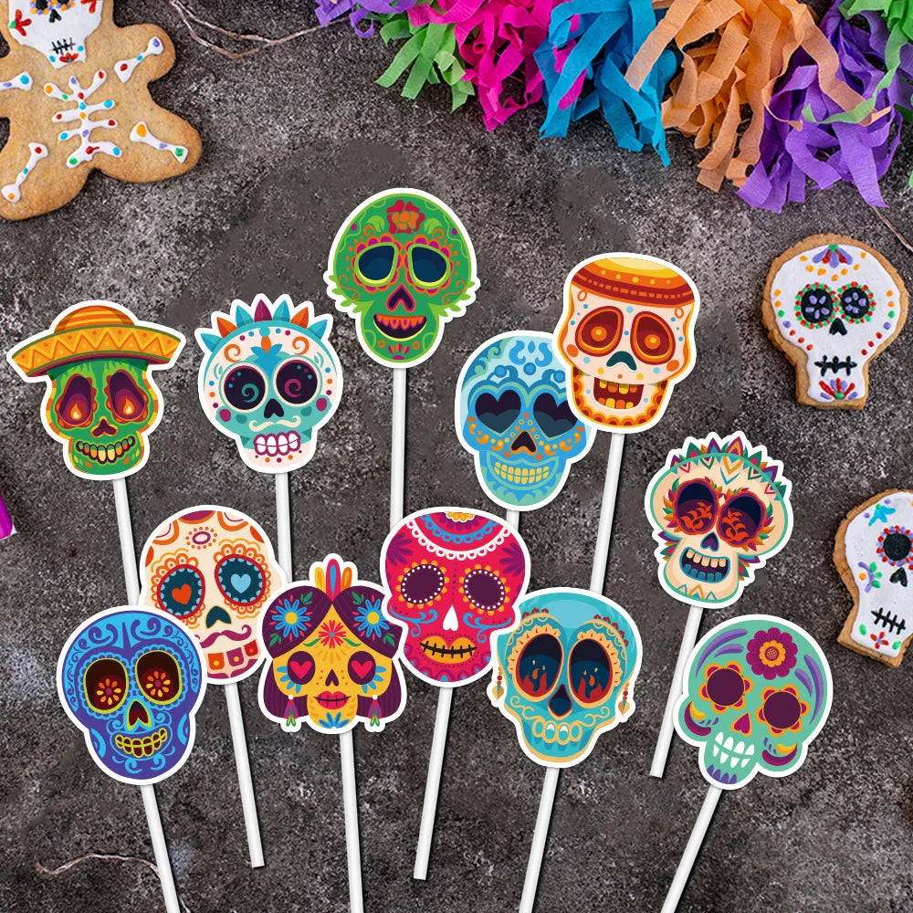 Mexico Day of the Dead Cake Decoration,Mexican Skulls Paper Baking Cake Toppers Party Decoration Insert,Skull Cake Inserts,12pcs