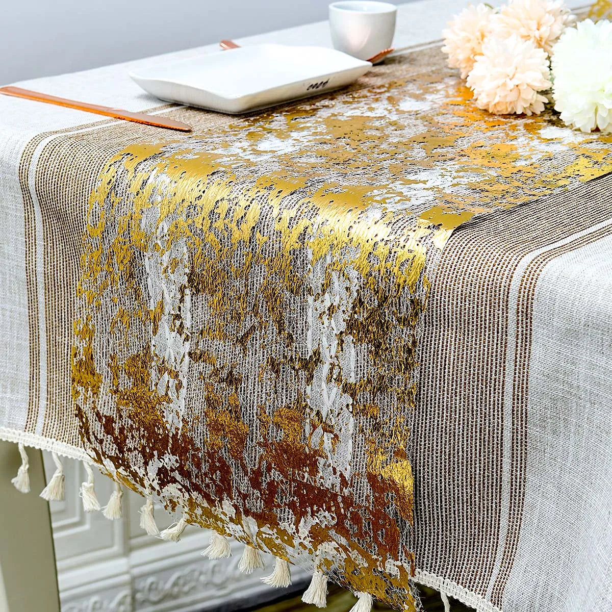 Sparkle Metallic Gold Table Runner Sequin Glitter Foil Mesh Roll Tablecloth for Wedding Event Birthday Baptism Baby Shower Decor