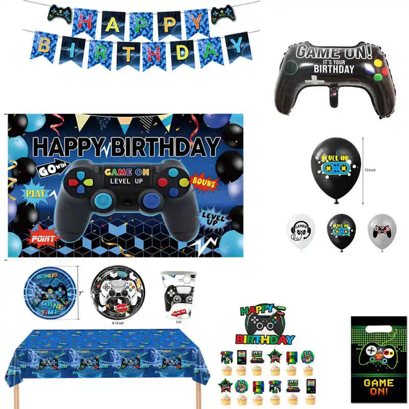Video Game Birthday Decoration Tableware Balloons for Boy Paper Plates Cups Napkins Banner Cake Topper Video Game Party Favors