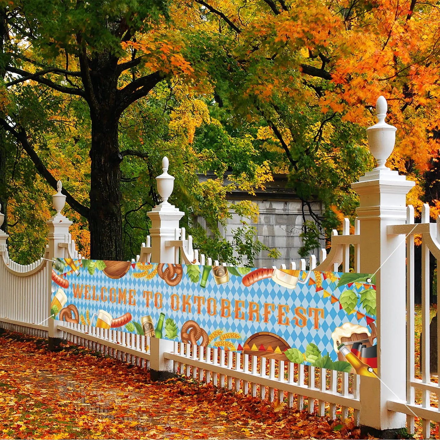 Oktoberfest Fence Banner for German October Fest Themed Party Decoration Blue Bavarian Flag Hanging Banner for Beer Party Supply
