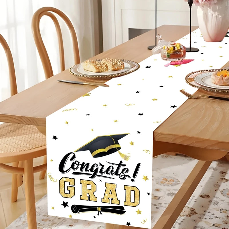 Graduation Table Runner Graduation Decorations 2025 Black Gold Polyester Graduation Table Cloth Prom Grad Party Table Decoration