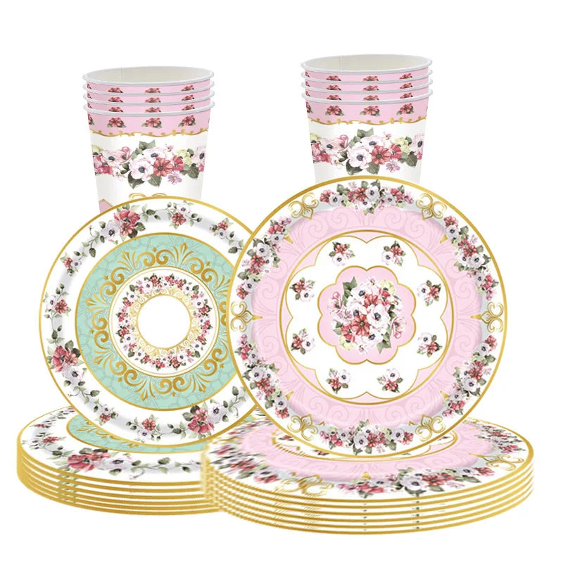 8Guests Elegant Tea Party Disposable Tableware Pink Green Floral Pattern Plates Napkins Women Happy Afternoon Tea Party