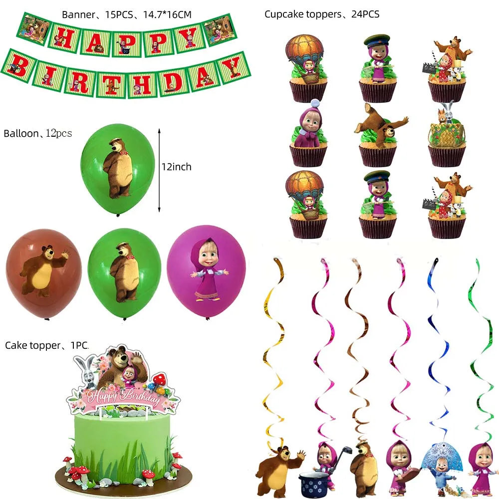 Cartoon Girl-Mashas-And Bear Kids Birthday Party Digital Balloon Banner Background Cake Topper Decoration Supplies Baby Gifts