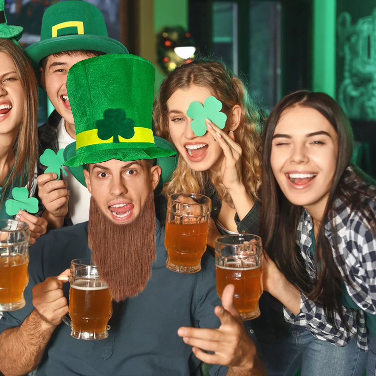 Saint Patricks Day Top Hat Holiday Fake Beard Green Celebration Costume for Irish Festival Birthday Party Decor Supplies