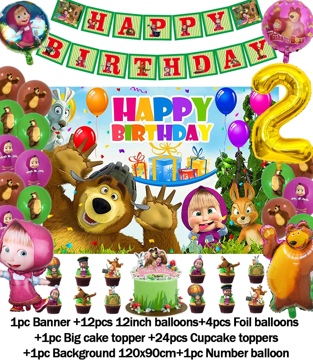Cartoon Girl-Mashas-And Bear Kids Birthday Party Digital Balloon Banner Background Cake Topper Decoration Supplies Baby Gifts