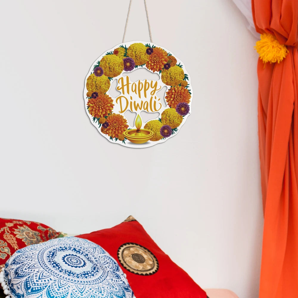 Putuo Decor 1pc Diwali Wood Hang Decoration, Wall Decor for Home Farmhouse Living Room Bedroom, The Hindu Festival Happy Diwali