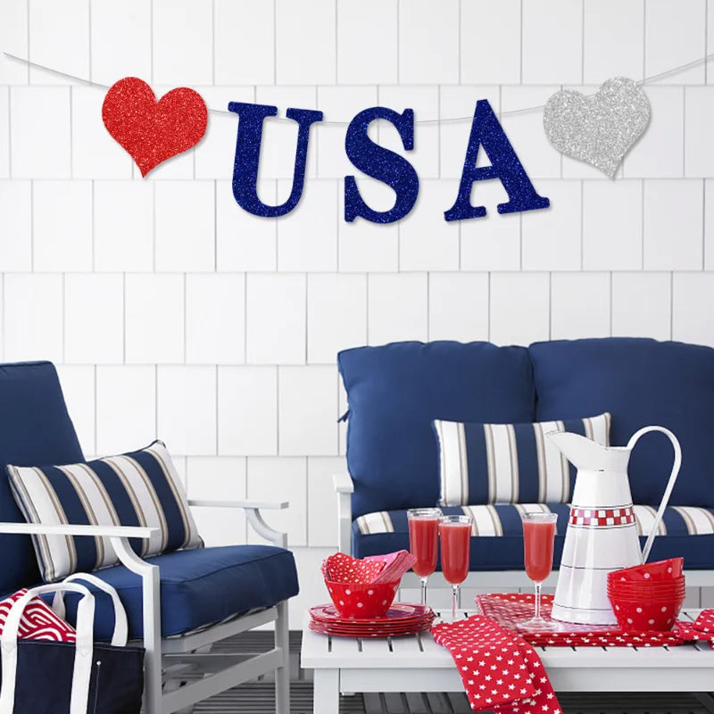 American Independence Day Party Home Decoration Glitter Silver Blue Red Happy 4th USA Letters Heart Stars Hanging Paper Garlands