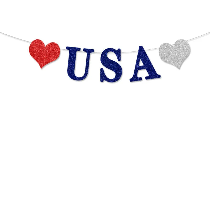 American Independence Day Party Home Decoration Glitter Silver Blue Red Happy 4th USA Letters Heart Stars Hanging Paper Garlands