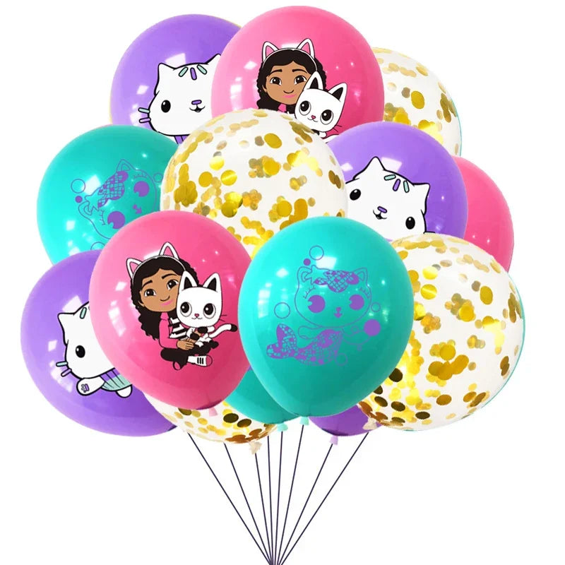 10/15pcs 12 Inch Gabby Dollhouse Cat Latex Sequin Balloon Set Baby Shower Party Balloon Decoration Girl Birthday Party Supplies