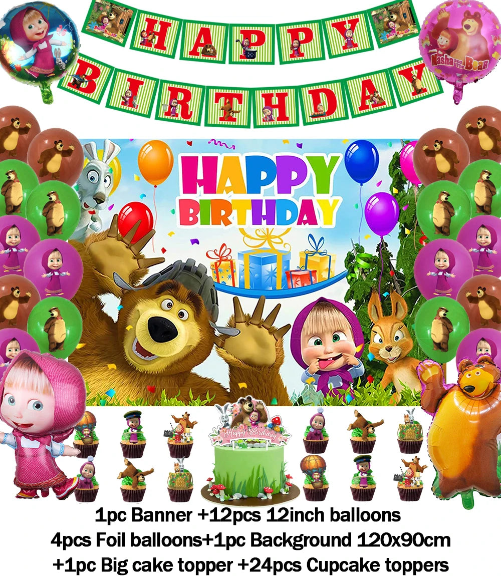 Cartoon Girl-Mashas-And Bear Kids Birthday Party Digital Balloon Banner Background Cake Topper Decoration Supplies Baby Gifts
