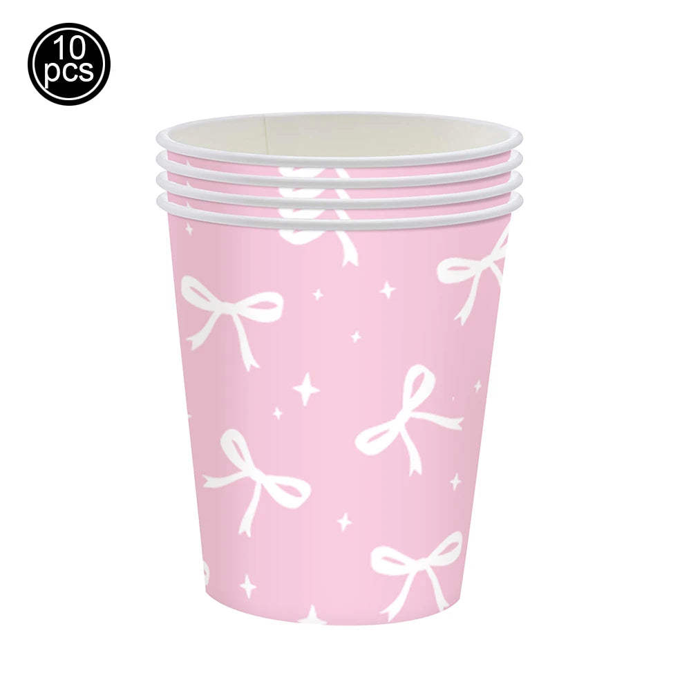 Bow Theme Party Supplies for Girl Pink Bow Cupcake Toppers Paper Drinking Straws Bridal Shower Bow Coquette Birthday Party Decor