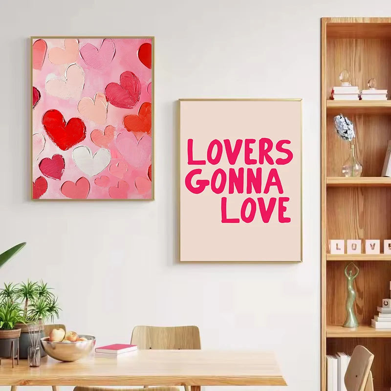 Retro Cute Pink Cherries Bow Heart Lollipop Love Valentine Illustration Poster Canvas Painting Wall Pictures Modern Home Decor
