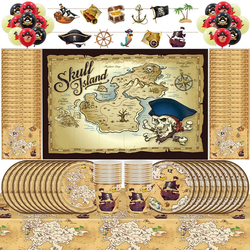 Pirate Birthday Party Decoration Balloon Tableware Tablecloth Backdrop Hanging Banner Cake Toppers For Kids Party Event Supplies