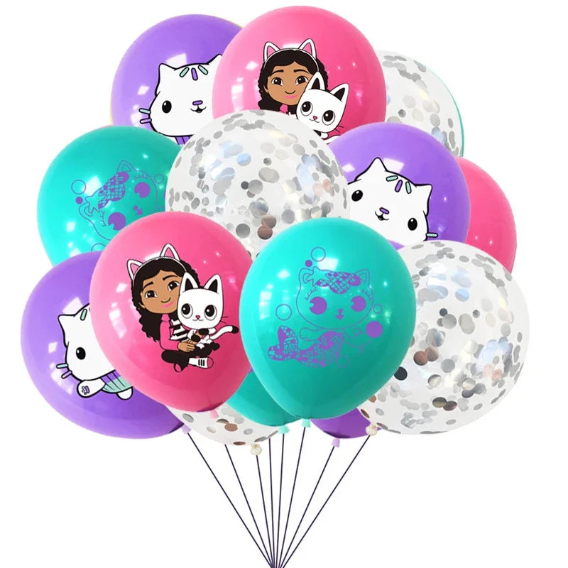 10/15pcs 12 Inch Gabby Dollhouse Cat Latex Sequin Balloon Set Baby Shower Party Balloon Decoration Girl Birthday Party Supplies