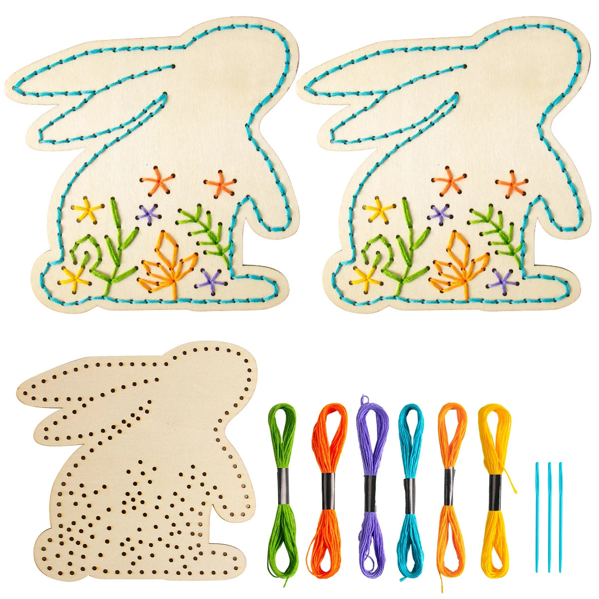 Unfinished Easter Wooden Cross Stitch Kit Easter Bunny Egg Wood Ornament Crafts Kids Party Easter Activity DIY Embroidery Set