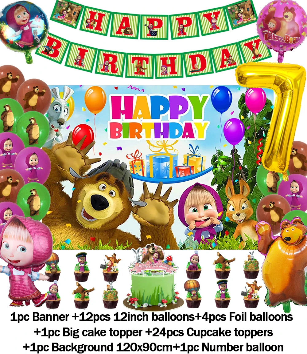 Cartoon Girl-Mashas-And Bear Kids Birthday Party Digital Balloon Banner Background Cake Topper Decoration Supplies Baby Gifts