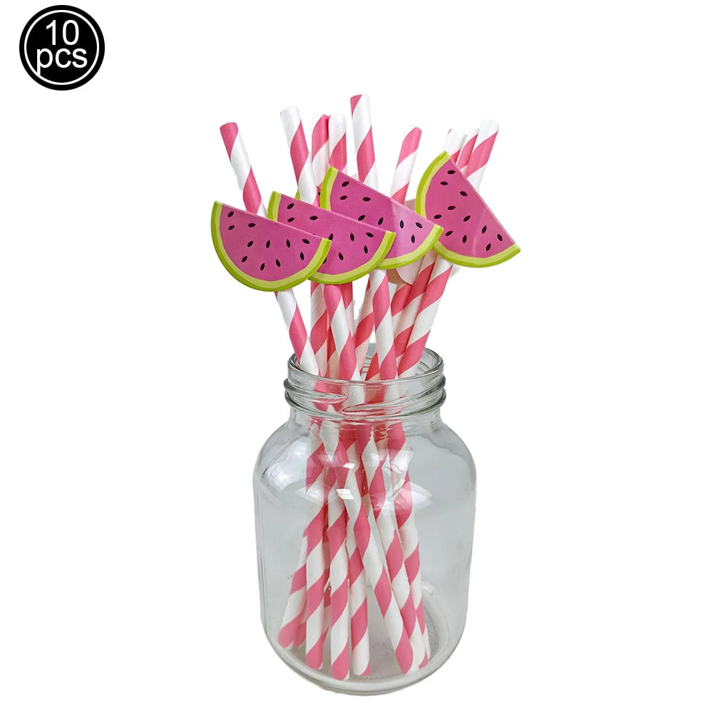 10pcs Flamingo Pineapple Paper Straws Disposable Tropical Fruit Straws Summer Striped Drinking Straws Luau Hawaiian Beach Party