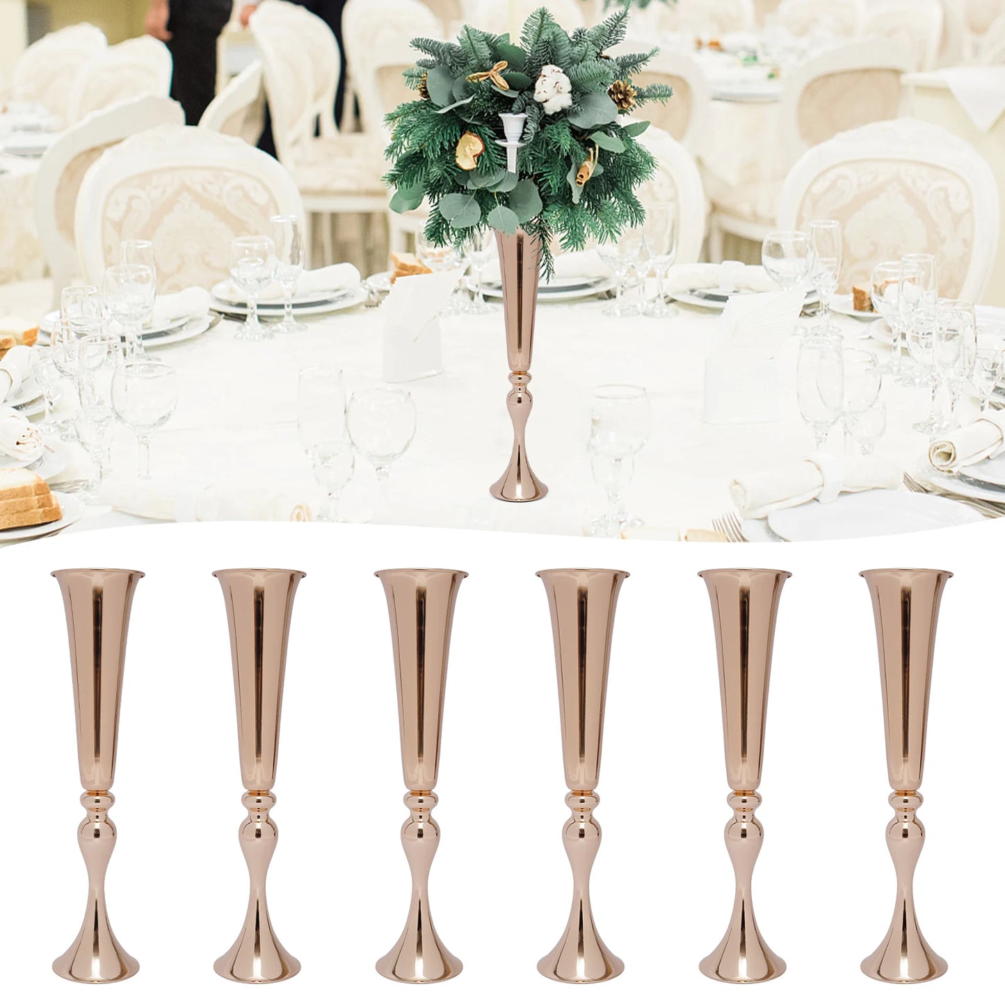 Golden Metal Table Flower Stand Vase 6Pcs Candle Holder 22.2" Tall Wedding Centerpiece Party Event Hotel Decoration
