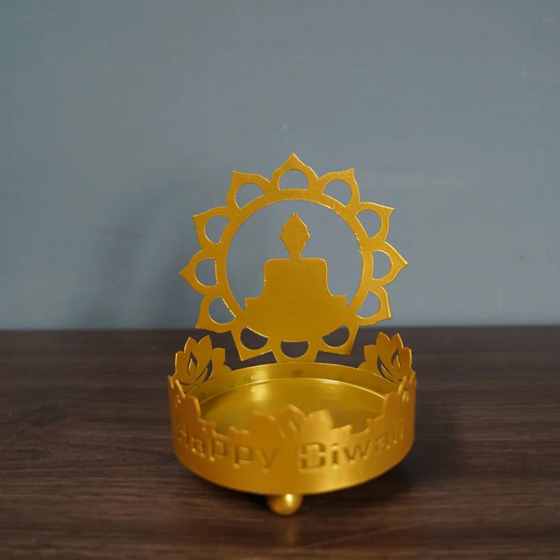 1Pc Art Metal Buddha Statue Candle Holder Crafts Home Decoration Hollow Shadow Diwali Festival Fortune Candle Lamp