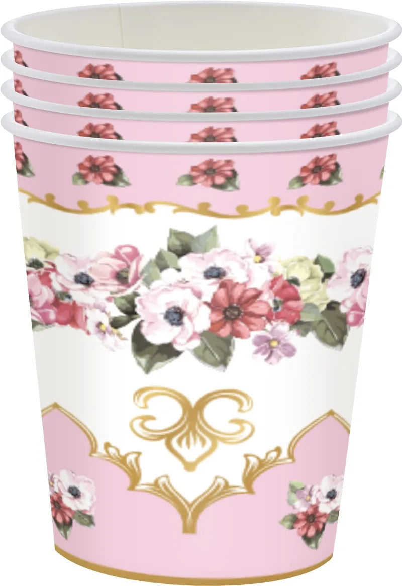 8Guests Elegant Tea Party Disposable Tableware Pink Green Floral Pattern Plates Napkins Women Happy Afternoon Tea Party