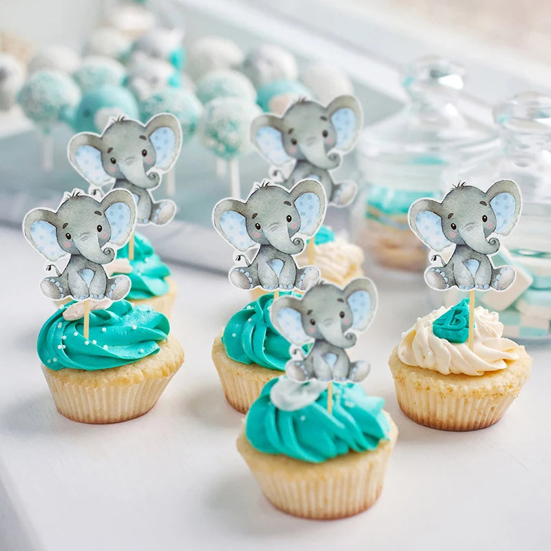 12Pcs Blue Pink Elephant Cupcake Topper Kids Birthday Baby Shower Elephant Cake Decoration Boy Girl Gender Reveal Party Supplies