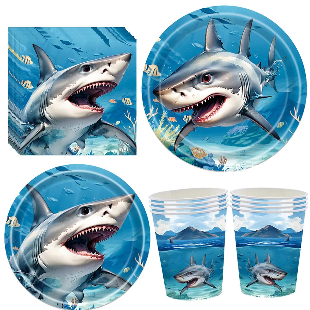 Shark Party Supplies Shark Birthday Tableware Shark Baby Shower Paper Cups Plates Napkins Ocean Shark Theme Party Decorations