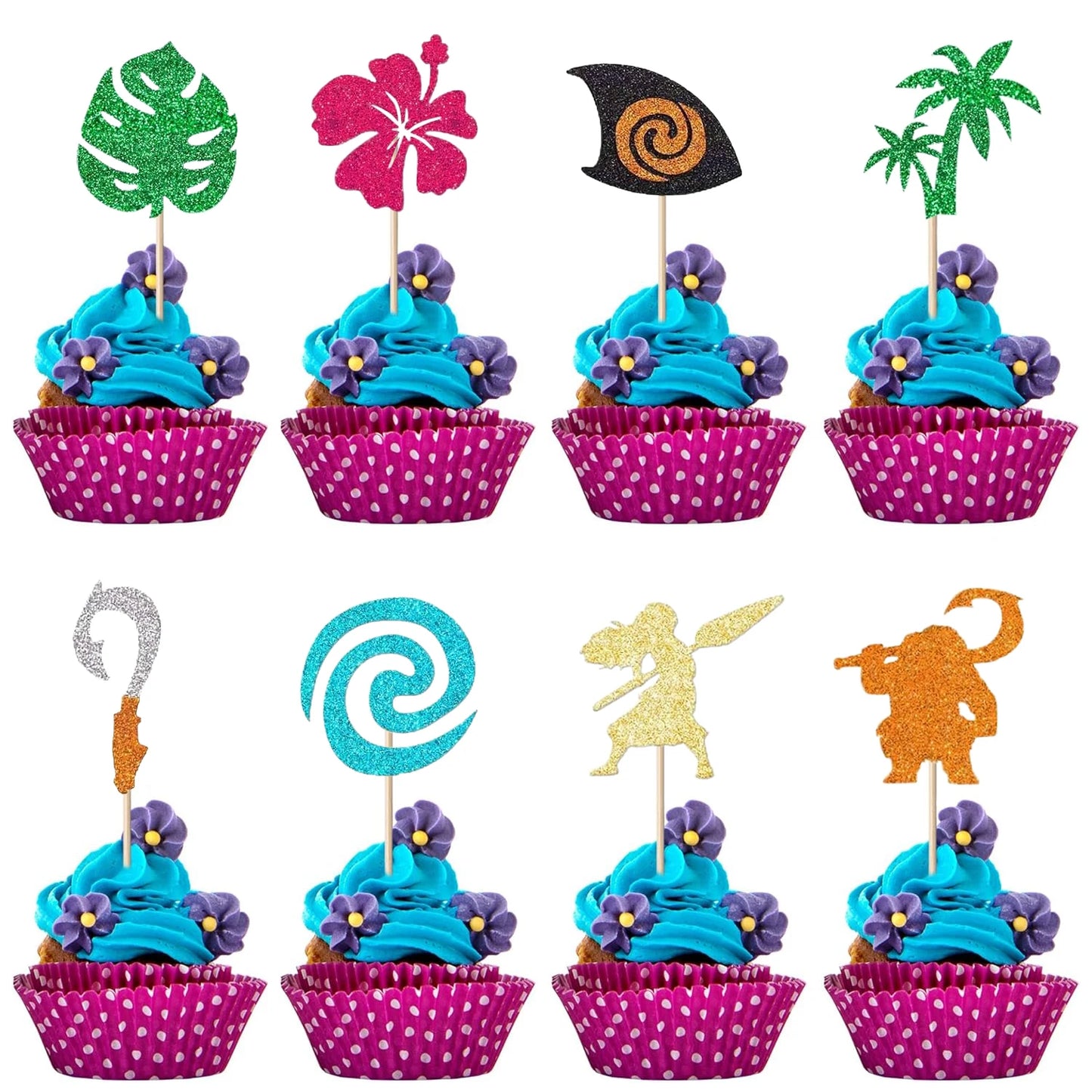 Moana Cake Topper Glittery Cupcake Toppers Hawaiian Birthday Party Decoration for Tropical Luau Summer Party Baby Shower Wedding