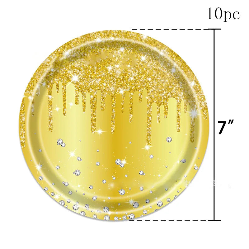 10Guests Gold Diamond Gilding Disposable Tableware Wedding Birthday Plates Napkins Happy Birthday Party Supplies