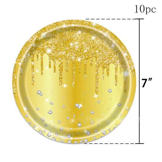 10Guests Gold Diamond Gilding Disposable Tableware Wedding Birthday Plates Napkins Happy Birthday Party Supplies