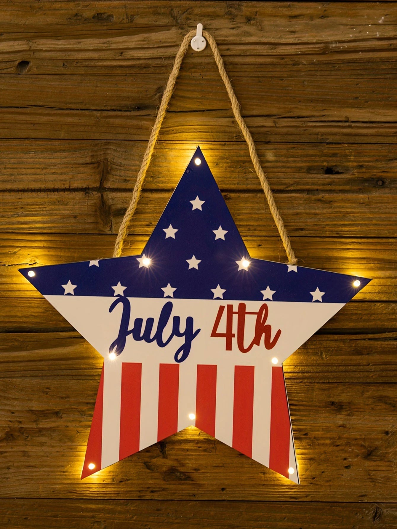 1pc 30cm Wood Independence Day Flash Star Doorplate with Lights July 4th Door Hanger Wall Pendants Independence Day Decorations