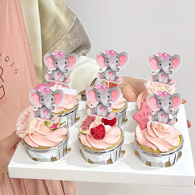 12Pcs Blue Pink Elephant Cupcake Topper Kids Birthday Baby Shower Elephant Cake Decoration Boy Girl Gender Reveal Party Supplies