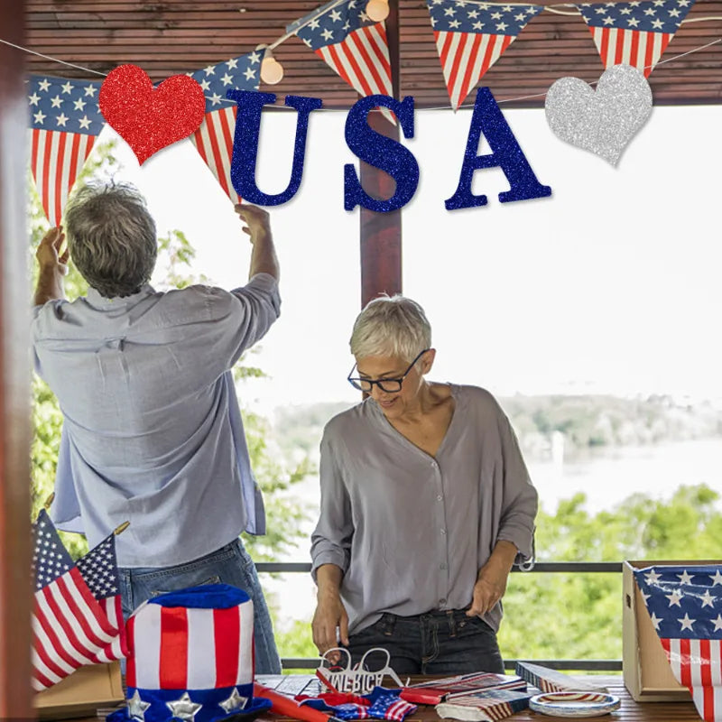 American Independence Day Party Home Decoration Glitter Silver Blue Red Happy 4th USA Letters Heart Stars Hanging Paper Garlands