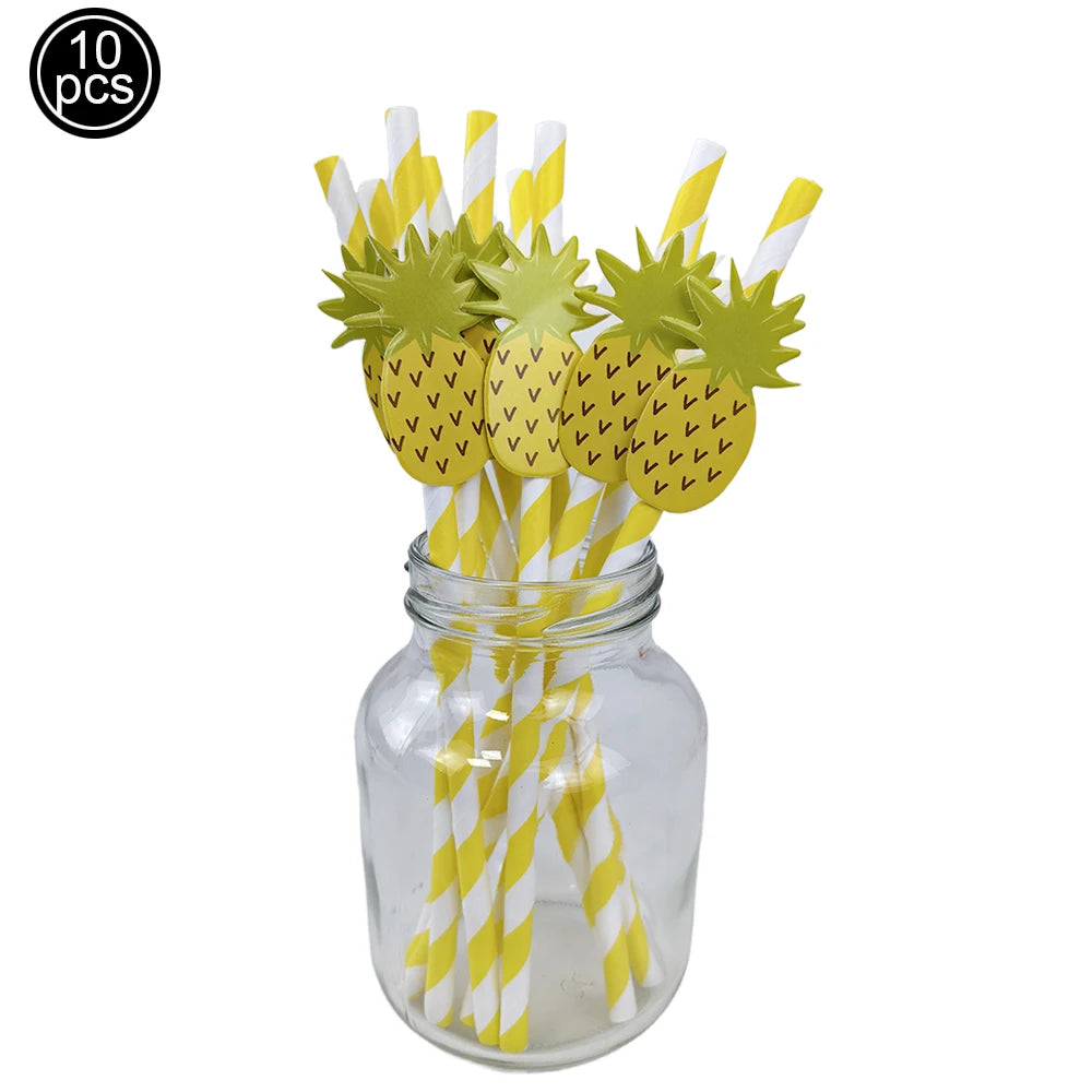 10pcs Flamingo Pineapple Paper Straws Disposable Tropical Fruit Straws Summer Striped Drinking Straws Luau Hawaiian Beach Party