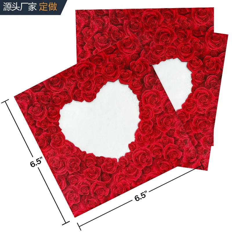 Valentine's Day Rose Heart Coloured Printed Napkins Proposal Engagement Party Tissue Paper Food Grade 2 Ply Unscented Napkins