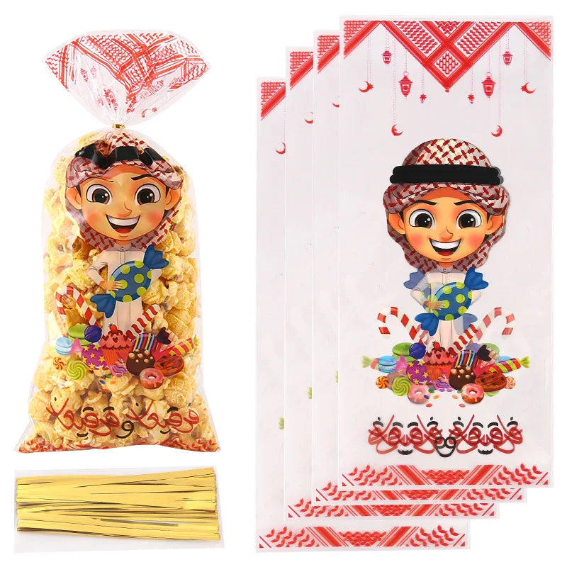 50pcs Eid Mubarak Gift Bags Plastic Cellophane Treat Bags Ramadan Decorations Clear Goodie Candy Bags for Hajj Mubarak Decor