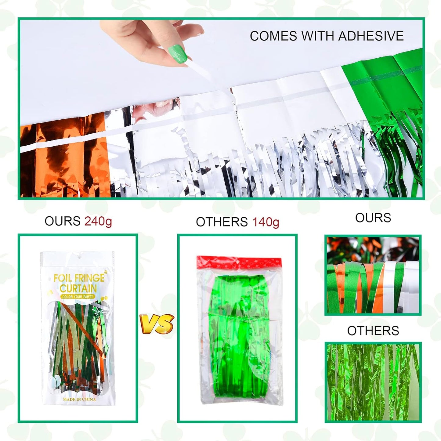 3 Pack St. Patrick's Day Foil Fringe Curtains Green White Orange Tinsel Fringe Photo Booth Prop Backdrop for Irish Party Decor
