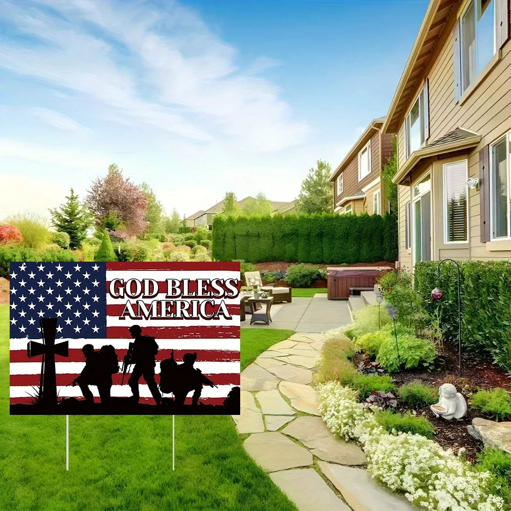 God Bless America Yard Sign with Stake - Patriotic Outdoor Lawn & Garden Decor, Plastic, for Independence Day & More
