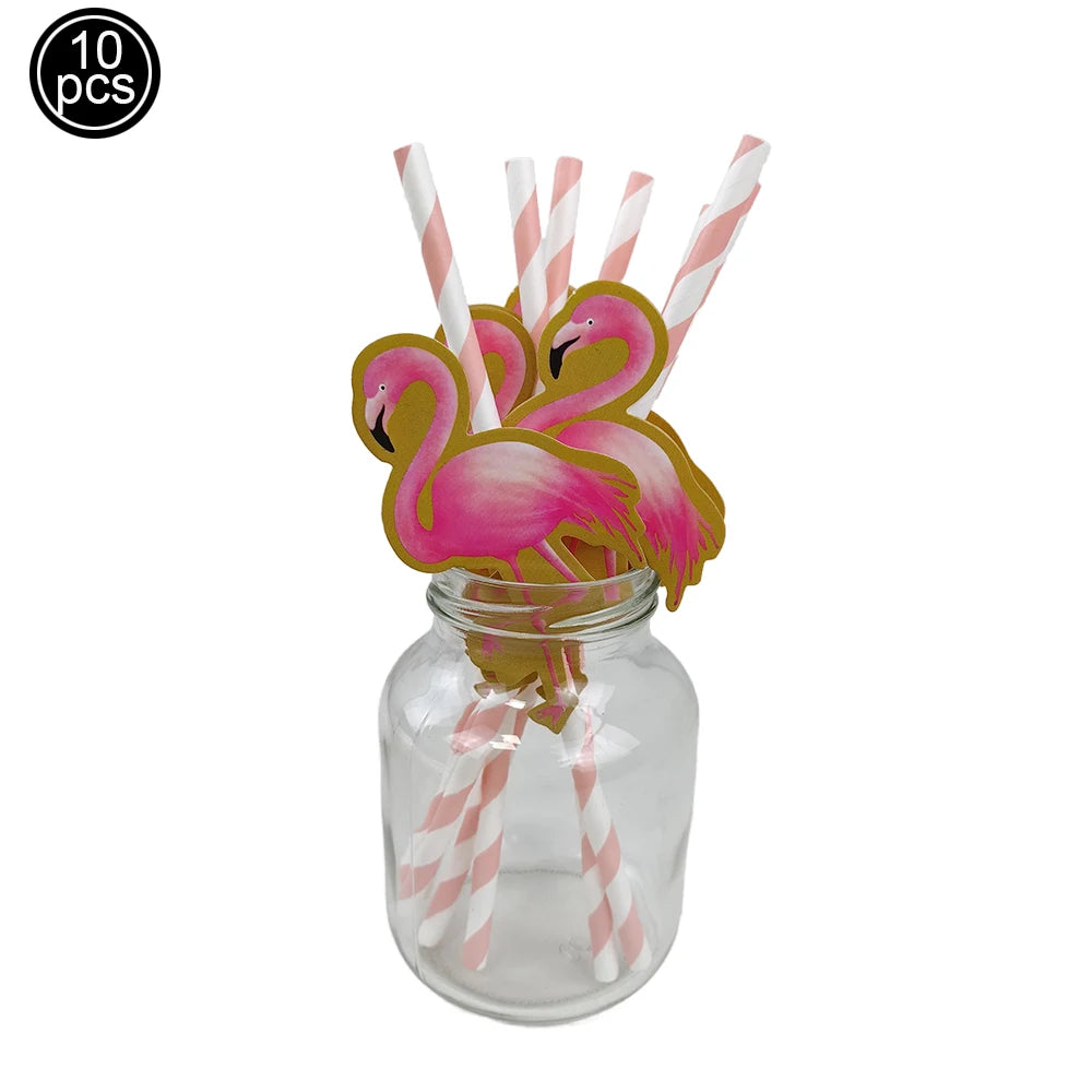 10pcs Flamingo Pineapple Paper Straws Disposable Tropical Fruit Straws Summer Striped Drinking Straws Luau Hawaiian Beach Party
