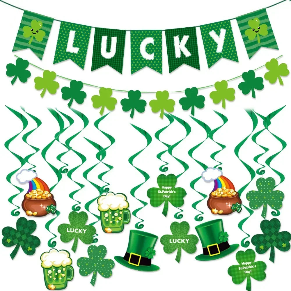St Patrick's Day Sham-rock LUCKY Banners Garlands Clover Hanging Swirls Photo Props for Home Irish Saint Patrick Party Decor