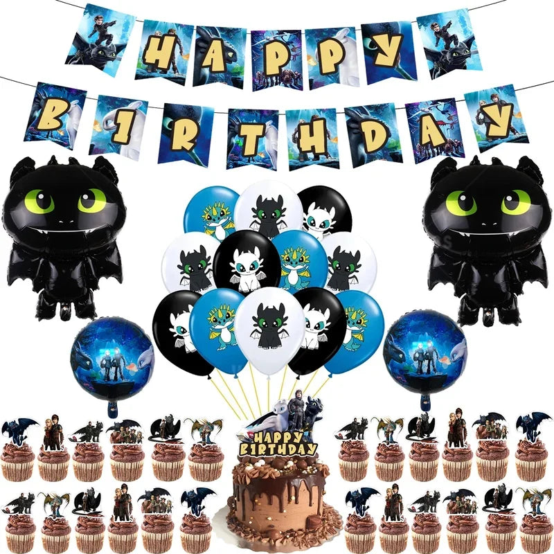1set How Train Dragon Balloons No Teeth Toothlessing Green Eye Black Loong Party Decoration Happy Birthday Banner Cake Topper