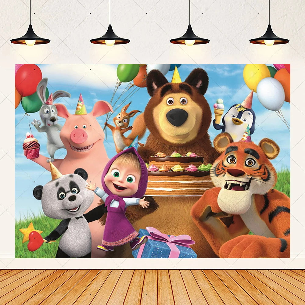 Cartoon Girl-Mashas-And Bear Kids Birthday Party Digital Balloon Banner Background Cake Topper Decoration Supplies Baby Gifts