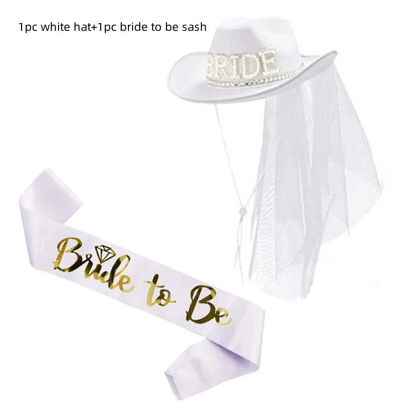 Pink/White Bride to Be Satin Sash Denim Hat Wedding Bridal Shower Decor Hen Girls Bachelorette Party Supplies Bridesmaid Gifts